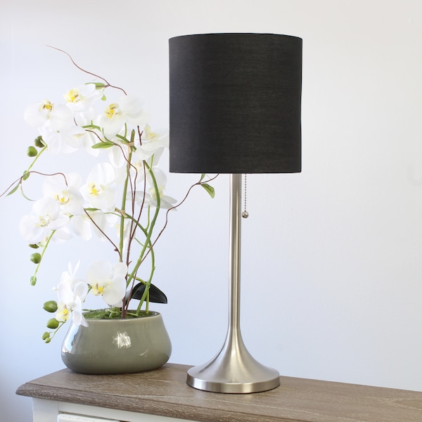 Brushed Nickel Tapered Table Lamp With Black Fabric Drum Shade